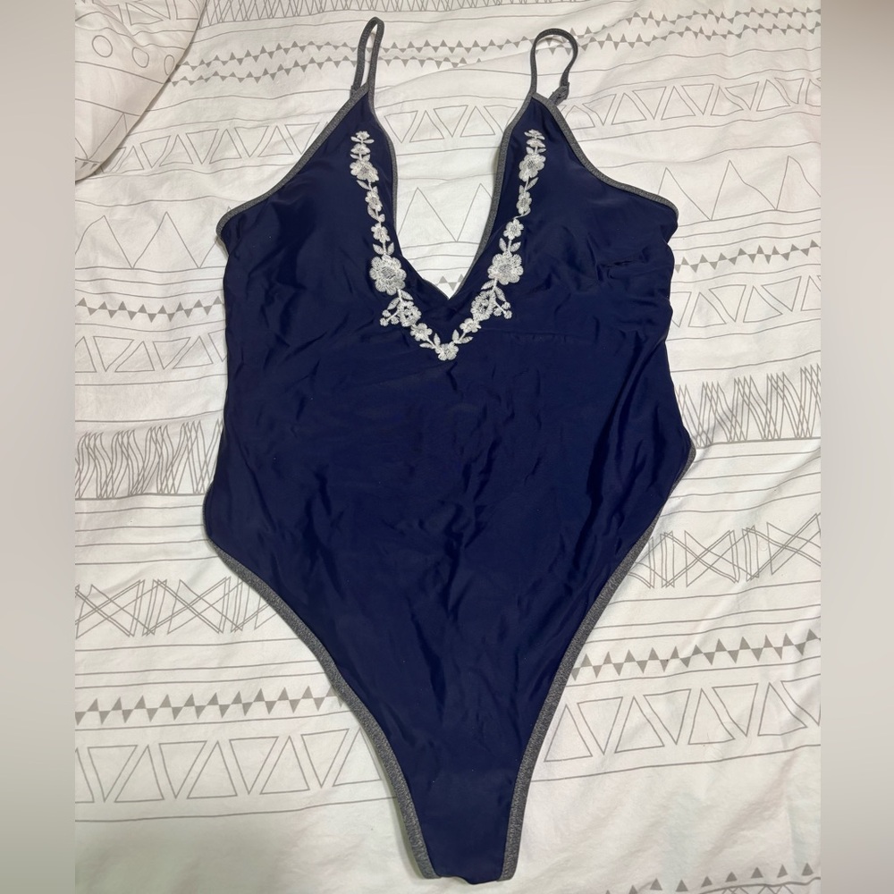 Aerie Navy Blue Swimsuit with White Floral Embroidered Detail